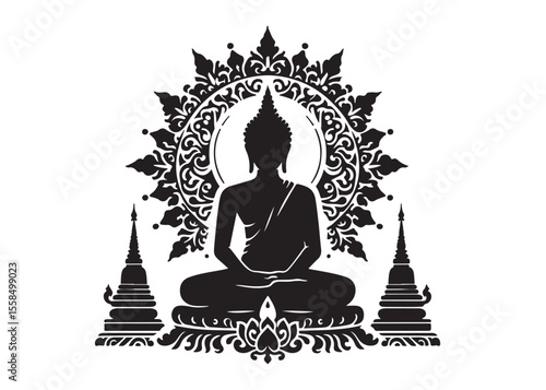 budha logo silhouette vecor, budha logo logo icon silhouette, happy buddha purnima, silhouette of a buddha with lotus vector, sitting buddha silhouette logo vector on a white background.