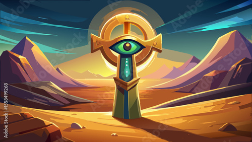 lose up An ancient Ankh stands upright in the sand, glowing under desert light, symbolizing eternal life. Next to it, the Eye of Horus is painted on a temple wall, intricate colors and patterns preser
