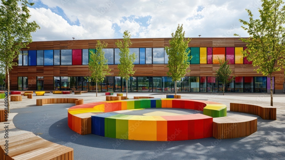 Fototapeta premium Colorful school courtyard with vibrant seating