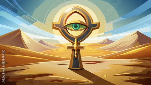 lose up An ancient Ankh stands upright in the sand, glowing under desert light, symbolizing eternal life. Next to it, the Eye of Horus is painted on a temple wall, intricate colors and patterns preser