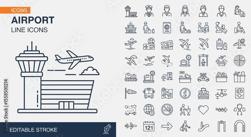 Airport Line Icons Modern vector illustration of air travel and aviation services.