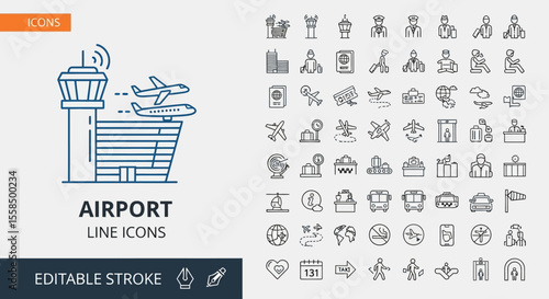 Airport Line Icons Set Thin Linear Style Collection for Travel and Aviation Designs Featuring Control Tower, Planes and More.