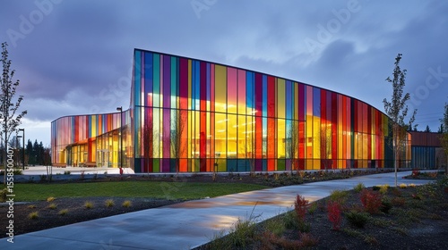 Colorful community center at twilight