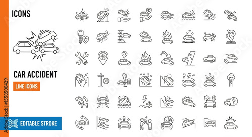 Car Accident Icons Set Line Art Collection for Safety, Insurance, and Road Emergency Concepts Depicting Vehicle Collisions and Recovery