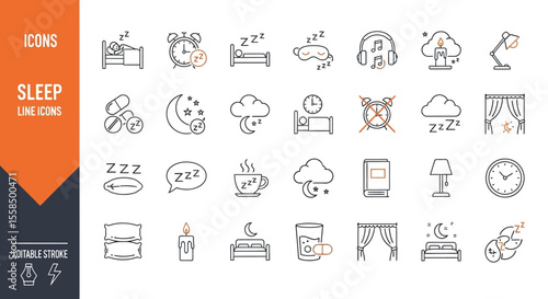 Sleep and Rest Icons Collection A comprehensive set of linear icons representing various sleep-related concepts for websites and apps.