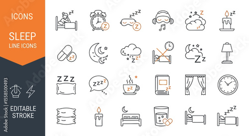 Sleep and Relaxation Icons A Line Art Set for Restful Designs (Minimalist, Vector, Wellness)