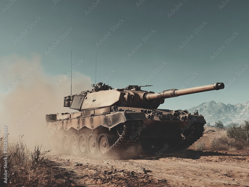 Fototapeta premium Military vehicle on dusty terrain. A powerful tank dominates the arid landscape under a clear sky.