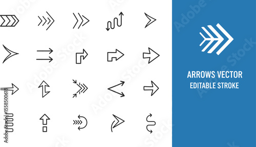 A collection of twenty different black outline arrow designs on a white background