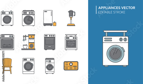 Illustration of various household appliances including washers and ovens and furniture
