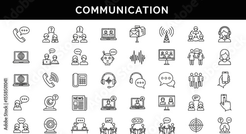 Communication Icons Set Line Art Depiction of Connection and Information Exchange, Networking and Technology Concepts