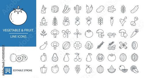 Line Art Fruits and Vegetables Minimalist Icon Set for Healthy Food and Natural Nutrition