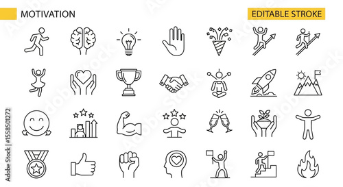 Collection of Thin Line Icons Representing Motivation, Success, and Personal Growth, ideal for business and lifestyle concepts