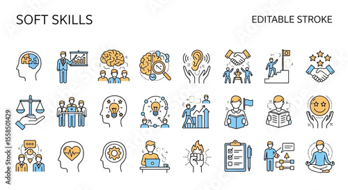 Vector illustration of soft skills concepts, presenting editable stroke icons for human resources, management, and team collaboration.
