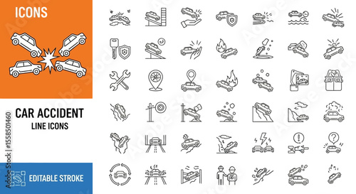 Car Accident and Road Safety Icons Set Outline Style  for Insurance and Emergency Concepts