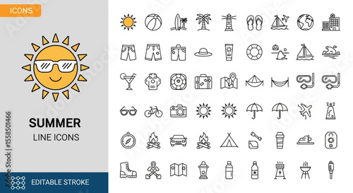 Summer Holiday Essentials Minimalist Line Icon Set for Vacation Planning and Travel Guides (Editable Stroke)