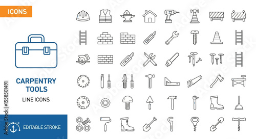 Carpentry Tools Line Icons Construction and Repair Equipment Vector Set for DIY Projects and Building Crafts.