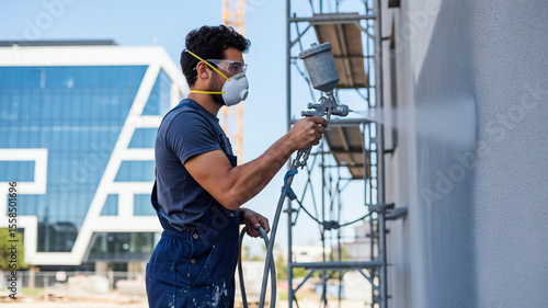 Fototapeta Naklejka Na Ścianę i Meble -  Peintre utilisant un pistolet à peinture sur un chantier