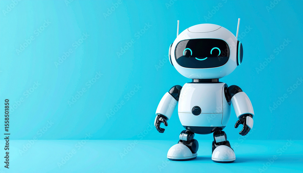 Small robot with cute smile against blue backdrop. Artificial intelligence and friendly technology Small robot with cute smile against blue backdrop. Artificial intelligence and friendly technology