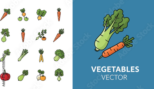 A vector illustration of various cartoon vegetables on a split color background