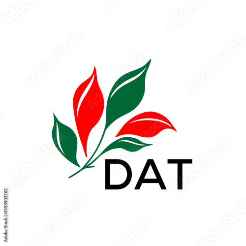 DAT Modern Leaf Logo Design with Red and Green Colors, DAT Later Logo, Nature Inspired Minimalist Logo Template, Professional Plant Logo for Business Branding.
