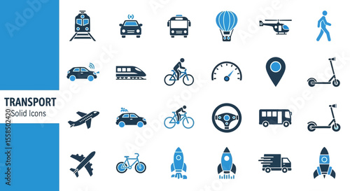 Diverse Transportation Icons Collection Set of Vectors Representing Various Modes of Transport, Vehicles, and Travel Options