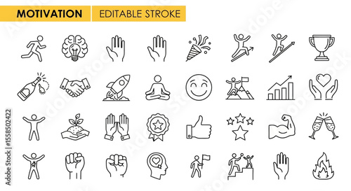 Set of vector linear icons related to motivation, inspiration and personal growth, achievements and success. Isolated on white background. Editable stroke.