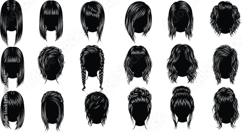 A collection of eighteen different black and white hairstyles on a white background