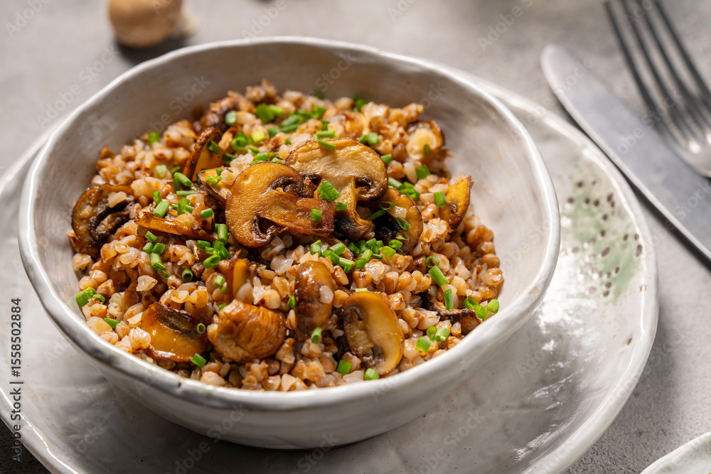 Buckwheat and mushrooms healthy meal from above Buckwheat and mushrooms healthy meal from above