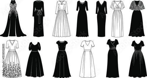 Illustration of various black and white dresses with different styles and necklines