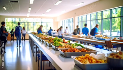 Wallpaper Mural Cafeteria Lunch Buffet Students Serving with Diverse Dishes, Bright Interior, and Blurred BG. Torontodigital.ca