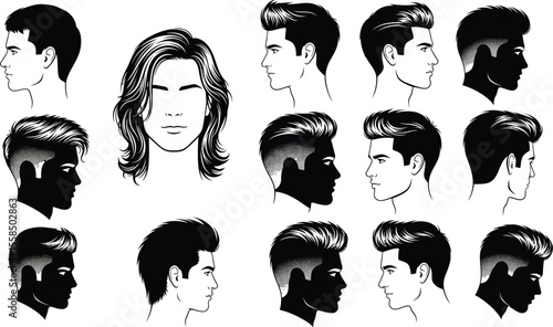 Collection of stylized black and white male hairstyles in various orientations