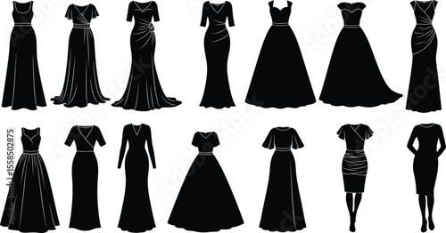 Collection of black silhouette dresses with varying styles and lengths on white background