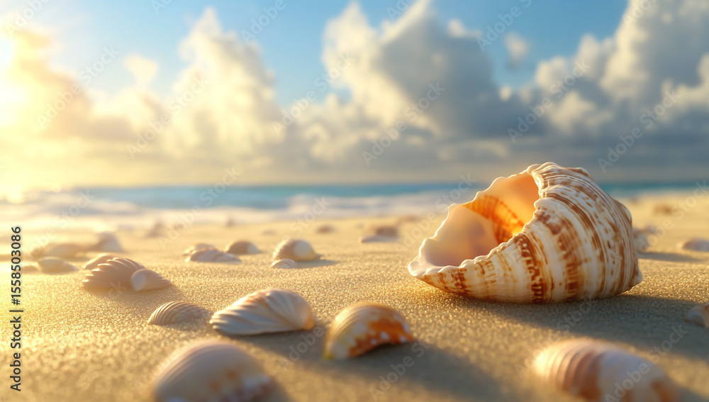 Close-Up of Seashells on Golden Beach Sand Close-Up of Seashells on Golden Beach Sand