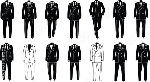 Illustration of various men's suits in black and white on a white background