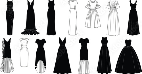 Illustration of various elegant dresses in black and white fashion design sketches