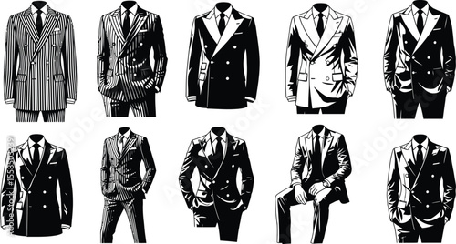 Collection of ten black and white illustrations of double breasted suits in various styles