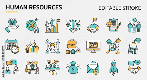 Human Resources Icon Set Editable Stroke Vector Illustrations for HR Management