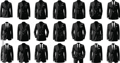 A collection of various black suit jackets displayed on a white background arrayed neatly