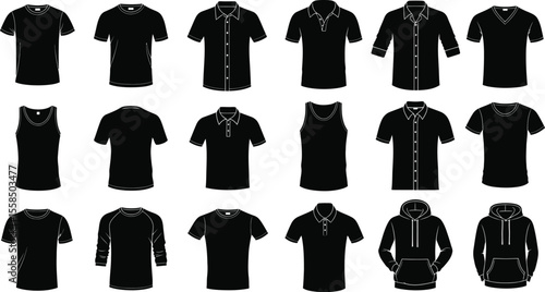 Collection of black shirts including t shirts polos and hoodies in silhouette style