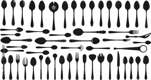 A collection of various black silhouette spoons and forks arranged on a white background