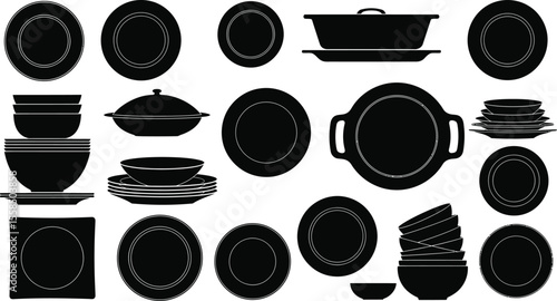 A collection of black silhouette kitchenware items including plates and bowls set out