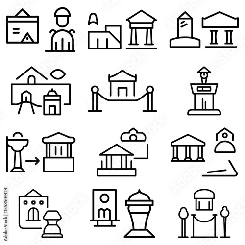 Collection of museum and historical site icons depicting architecture and artifacts in outline style design