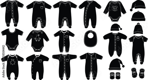 Collection of baby clothes including onesies hats bibs and booties in black silhouette