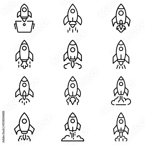 Collection of twelve line art rocket ship icons in various stages of liftoff and launch details