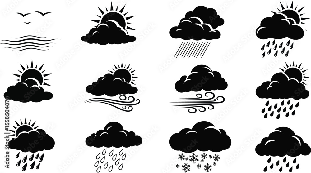 Illustration of various weather conditions including sun clouds rain wind and snow Illustration of various weather conditions including sun clouds rain wind and snow