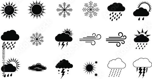 Weather icons showing sun clouds rain snow wind and thunderstorms in black and white
