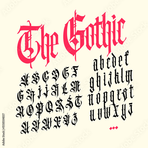 Gothic, English alphabet. Vector. Medieval Latin letters. Signs and symbols for tattoos. Ancient European style. Calligraphy and lettering. Separate uppercase and lowercase letters.