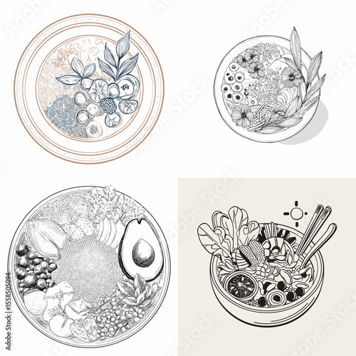 Line illustrations of healthy superfood bowls with fruits, seeds, and greens, perfect for nutrition branding, wellness blogs, or organic food packaging.

