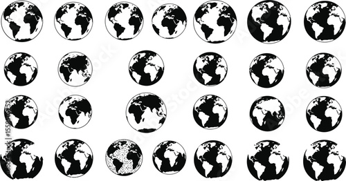 A collection of earth globes in black and white showing different continents views