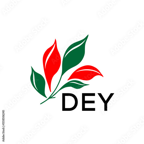 DEY Modern Leaf Logo Design with Red and Green Colors, DEY Later Logo, Nature Inspired Minimalist Logo Template, Professional Plant Logo for Business Branding.
